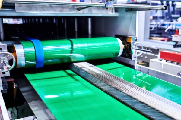 Close-up of group cartons at automatic conveyor belt in a row.